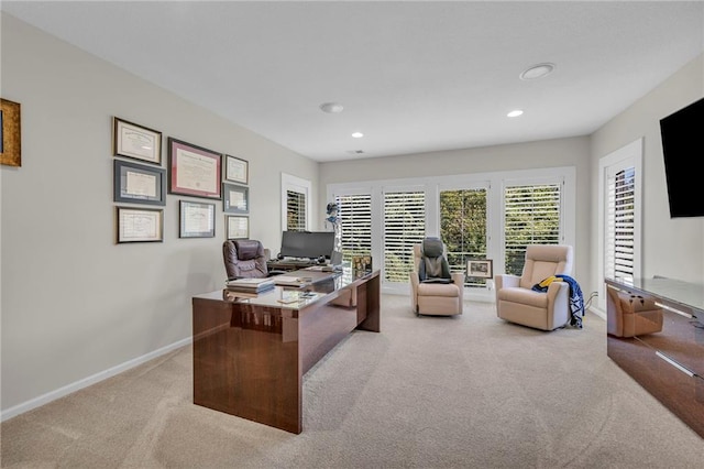 office with recessed lighting, light carpet, and baseboards