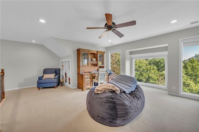 sitting room featuring recessed lighting, light colored carpet, and visible vents