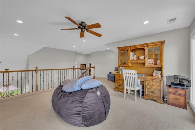 office area featuring recessed lighting, visible vents, a ceiling fan, and light colored carpet