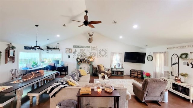 1147 Fern Rd, Fort Scott, KS 66701 - living room featuring lofted ceiling, a chandelier, ceiling fan, and recessed lighting