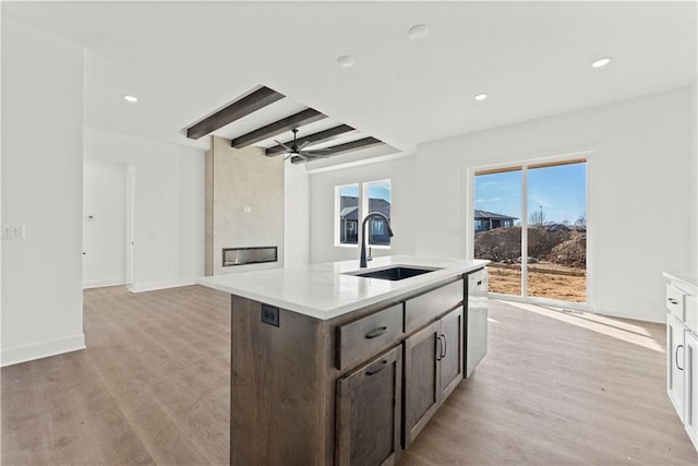 kitchen with dark brown cabinetry, a fireplace, a sink, light countertops, and light wood finished floors