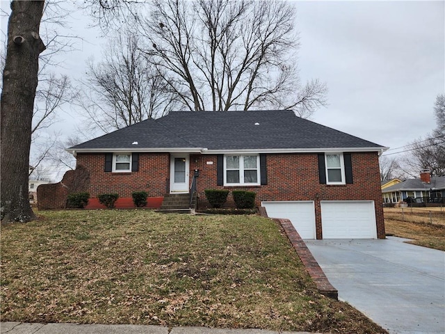 ranch-style house featuring brick siding, concrete driveway, a garage, and roof with shingles