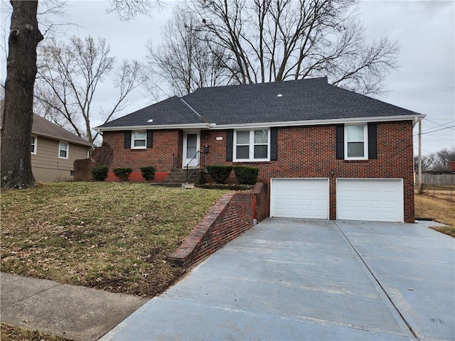 single story home featuring a front lawn, concrete driveway, a shingled roof, a garage, and brick siding