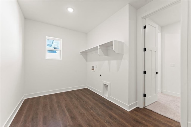 laundry room with hookup for an electric dryer, laundry area, dark wood-type flooring, washer hookup, and baseboards