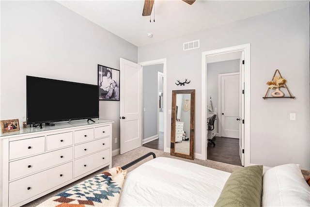 bedroom featuring visible vents, a ceiling fan, and baseboards