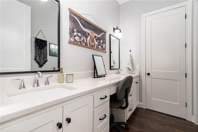 bathroom with a sink, wood finished floors, and double vanity