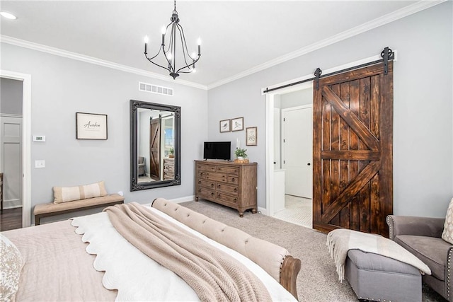 carpeted bedroom featuring baseboards, visible vents, ornamental molding, a barn door, and a notable chandelier