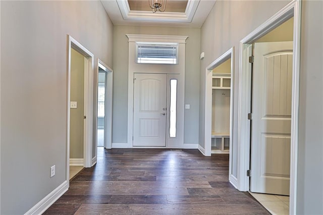 entryway featuring baseboards, a tray ceiling, and wood finished floors