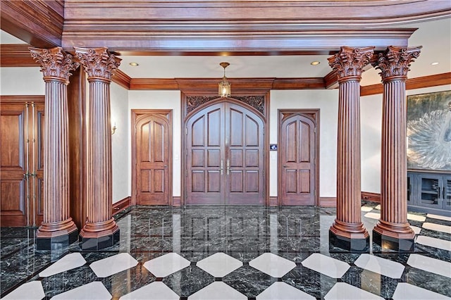 entrance foyer featuring ornamental molding, recessed lighting, baseboards, and ornate columns