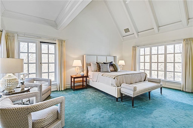 bedroom featuring baseboards, crown molding, carpet floors, high vaulted ceiling, and beam ceiling