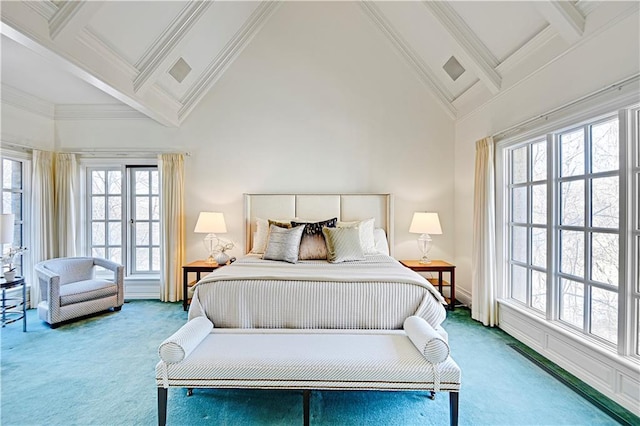 carpeted bedroom featuring high vaulted ceiling, ornamental molding, and beamed ceiling