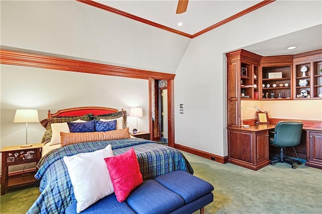 carpeted bedroom with baseboards, ceiling fan, ornamental molding, built in desk, and recessed lighting