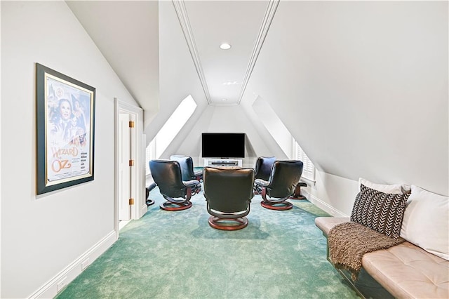 carpeted home office featuring baseboards, vaulted ceiling, and recessed lighting