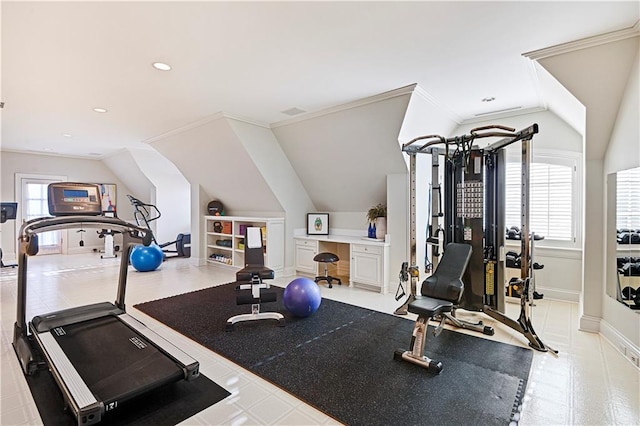 workout area with lofted ceiling, crown molding, baseboards, and recessed lighting