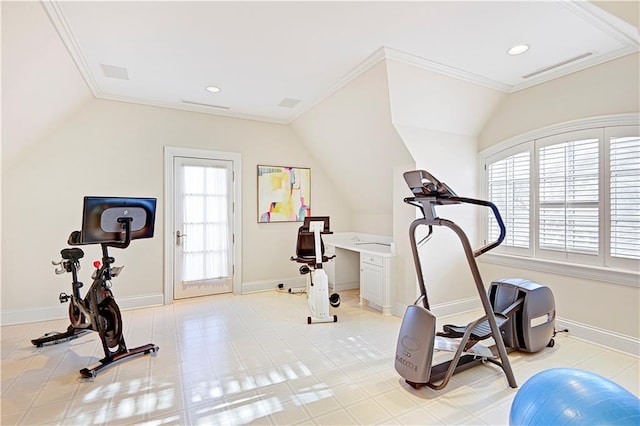 exercise area with baseboards, ornamental molding, and recessed lighting