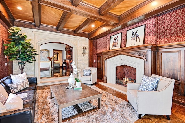 living room featuring a warm lit fireplace, wooden ceiling, and beam ceiling