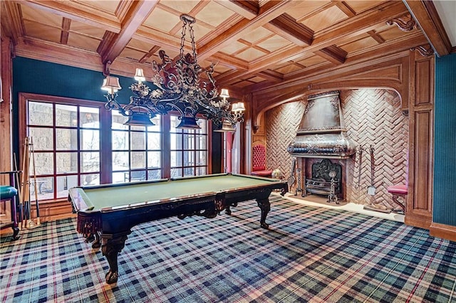 playroom featuring coffered ceiling, pool table, crown molding, carpet floors, and beam ceiling