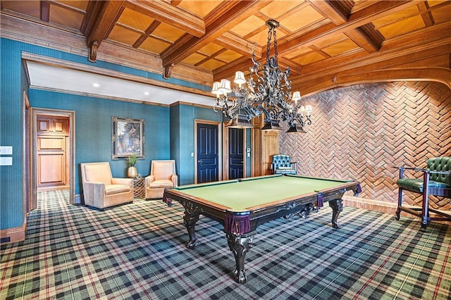 rec room featuring carpet, coffered ceiling, crown molding, and beamed ceiling