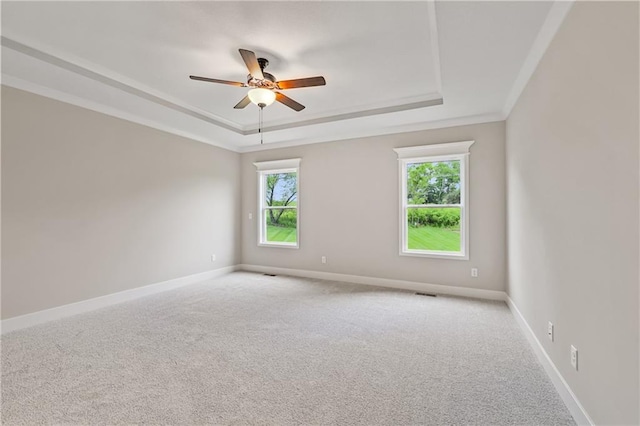 spare room featuring carpet floors, crown molding, a raised ceiling, ceiling fan, and baseboards