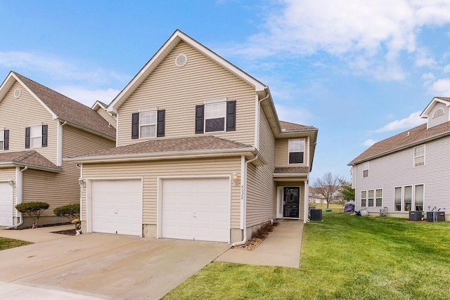 view of front of property with a garage, driveway, a front lawn, and central air condition unit