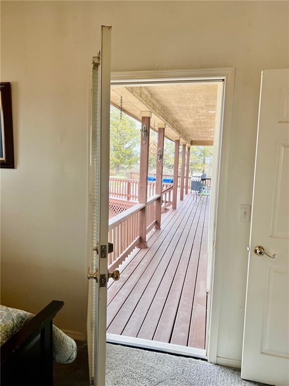 doorway to outside featuring carpet