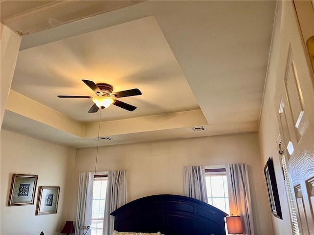 details with visible vents, a raised ceiling, and a ceiling fan