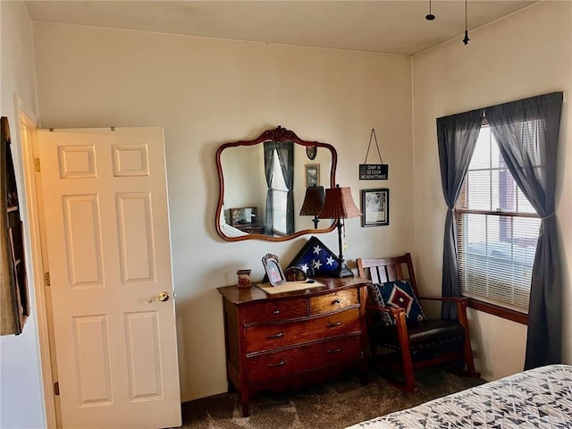 bedroom with dark colored carpet