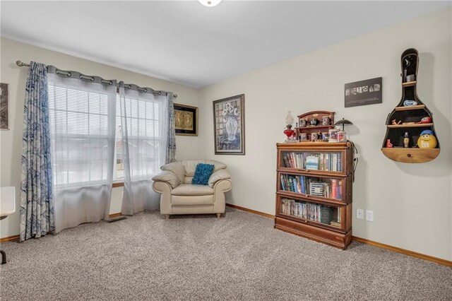 living area with carpet flooring and baseboards