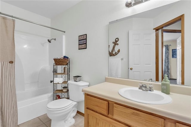 full bathroom with shower / bath combination with curtain, vanity, toilet, and tile patterned floors