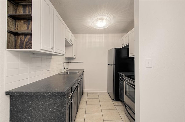 kitchen featuring stainless steel range with electric stovetop, white cabinets, a sink, and open shelves