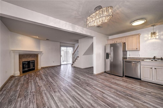 kitchen featuring open floor plan, appliances with stainless steel finishes, a fireplace, wood finished floors, and a sink