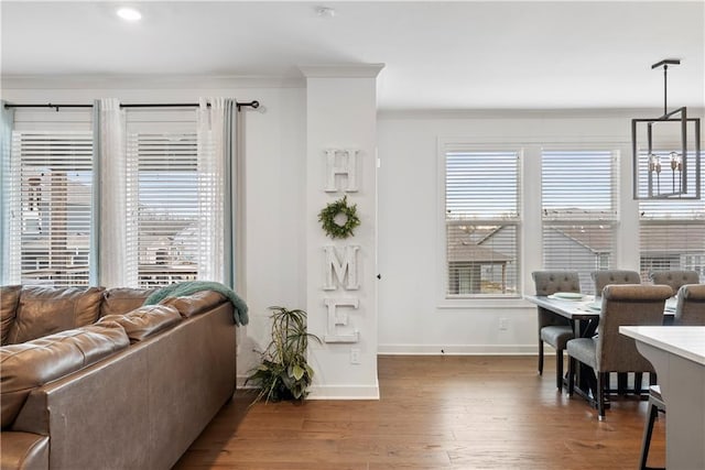 living area with baseboards, wood finished floors, and ornamental molding