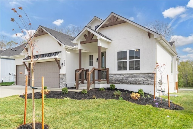 craftsman inspired home featuring a front yard, stone siding, an attached garage, and concrete driveway