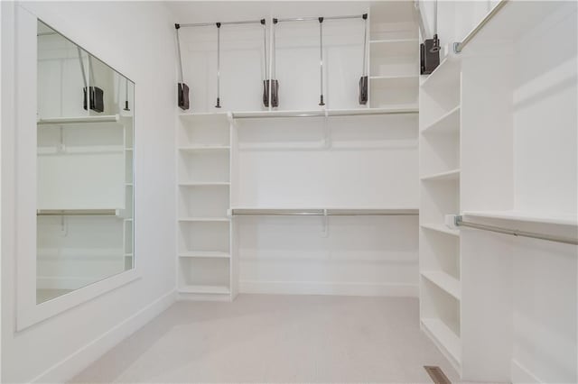 walk in closet featuring light carpet