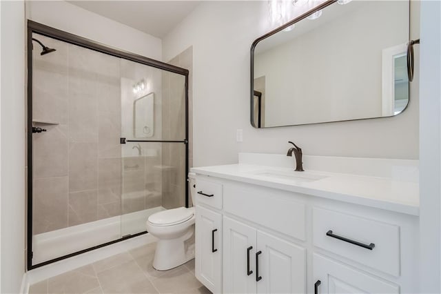 full bath with a stall shower, tile patterned flooring, vanity, and toilet