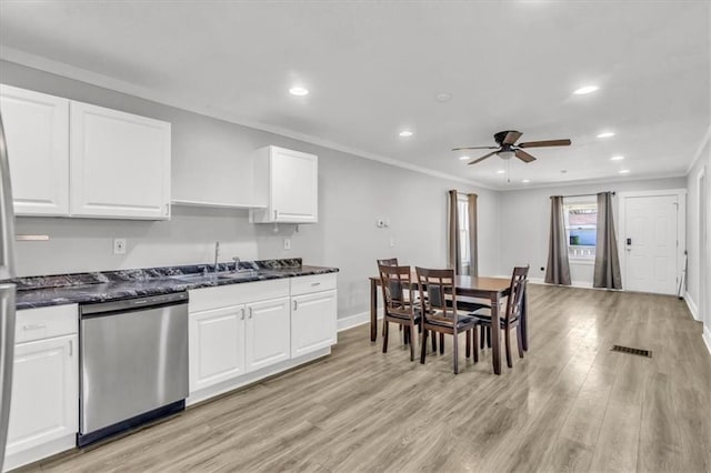 kitchen featuring ornamental molding, a sink, white cabinets, dishwasher, and light wood-type flooring