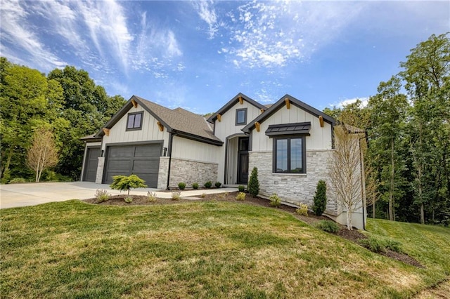12435 NW Arbor Way, Platte City, MO 64079 - modern farmhouse with board and batten siding, an attached garage, driveway, stone siding, and a front yard