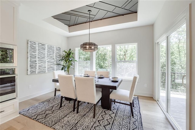 12435 NW Arbor Way, Platte City, MO 64079 - dining area with a tray ceiling, plenty of natural light, and light wood-style floors