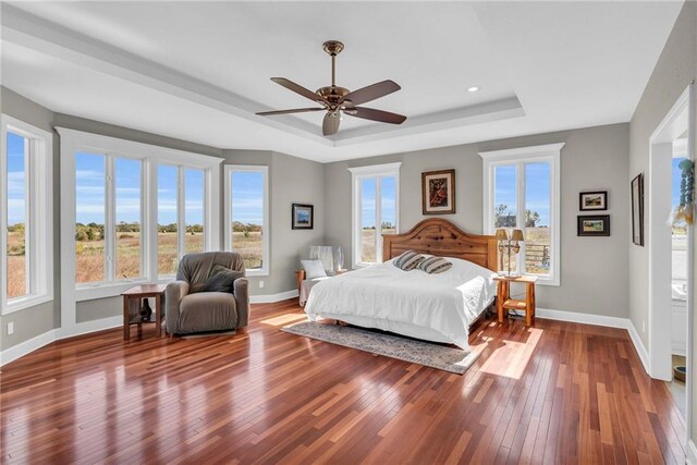 bedroom with a raised ceiling, multiple windows, baseboards, and hardwood / wood-style floors