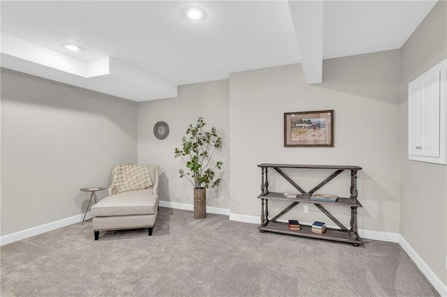 sitting room with recessed lighting, carpet, and baseboards