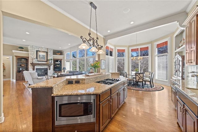 kitchen with light wood finished floors, a fireplace, stainless steel appliances, and crown molding