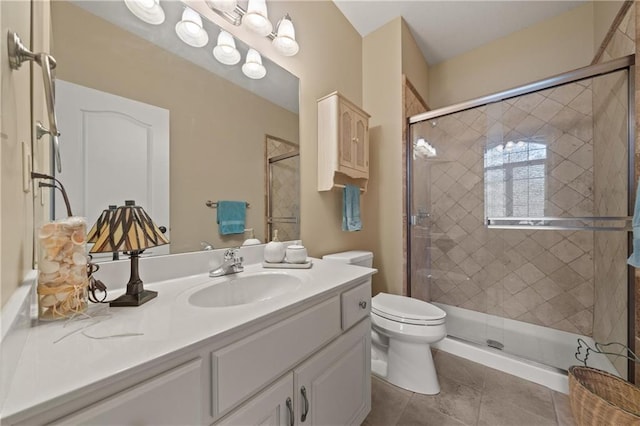 full bath with vanity, a shower stall, toilet, and tile patterned flooring