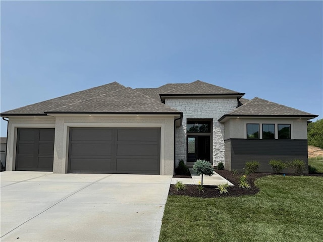 13305 Golden Oak Ct, Parkville, MO 64152 - view of front of house featuring a garage, driveway, roof with shingles, a front yard, and stone siding