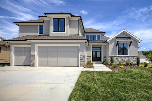 12455 N Arbor Way, Platte City, MO 64079 - prairie-style home with stone siding, concrete driveway, and stucco siding