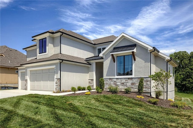 12455 N Arbor Way, Platte City, MO 64079 - view of front of house with stone siding, concrete driveway, a front yard, a garage, and a standing seam roof