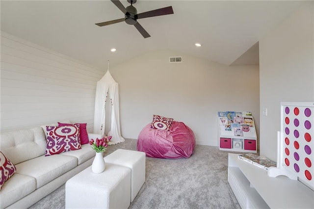 12455 N Arbor Way, Platte City, MO 64079 - carpeted living room featuring ceiling fan, recessed lighting, and vaulted ceiling