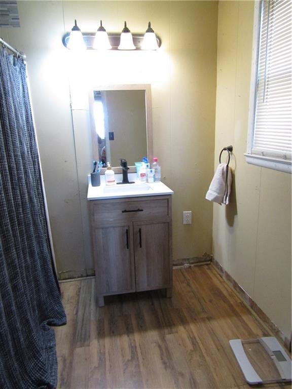 full bath featuring vanity, a shower with shower curtain, and wood finished floors