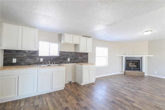 kitchen featuring a fireplace with raised hearth, backsplash, dark wood-type flooring, white cabinets, and a sink