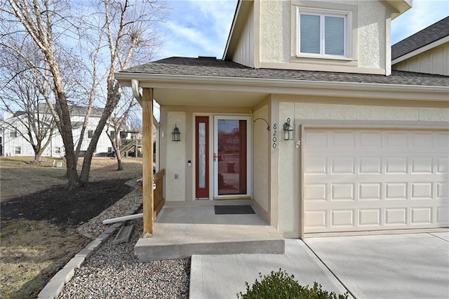 doorway to property with roof with shingles and stucco siding