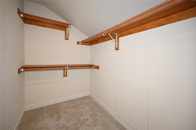 walk in closet with lofted ceiling and light colored carpet